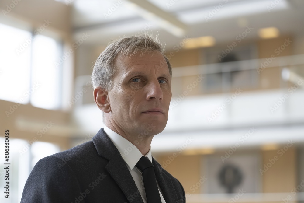 Senior male executive in a classic suit, standing confidently in a modern office environment. Senior male executive in a classic suit, standing confidently in a modern office environment.