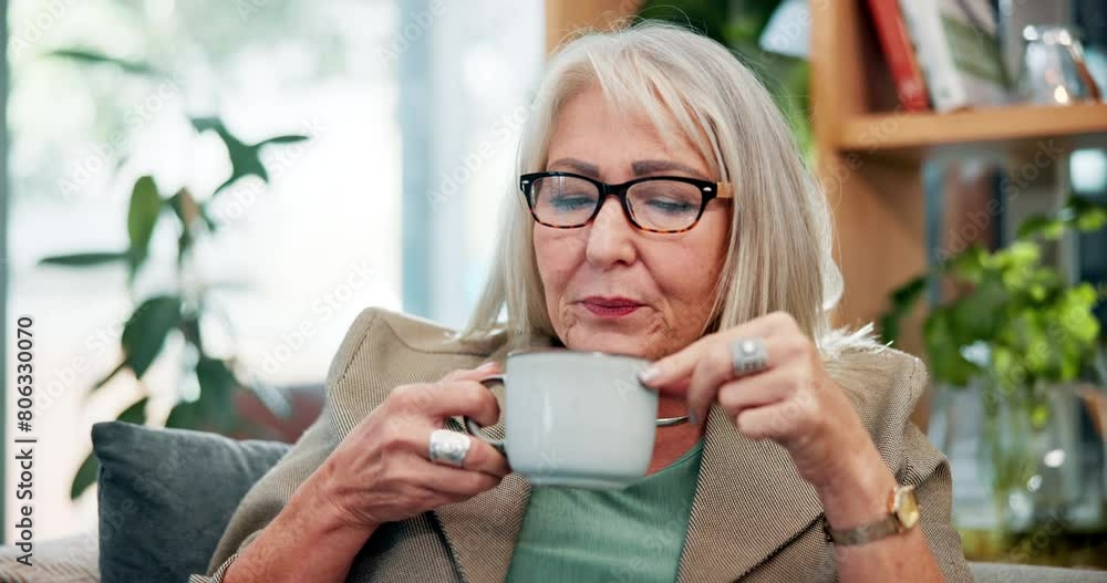 Home, relax and senior woman with coffee, retirement and happiness with latte in living room. Mature lady, apartment and pensioner with cup, cappuccino and espresso with morning tea, calm and peace Home, relax and senior woman with coffee, retirement and happiness with latte in living room. Mature lady, apartment and pensioner with cup, cappuccino and espresso with morning tea, calm and peace