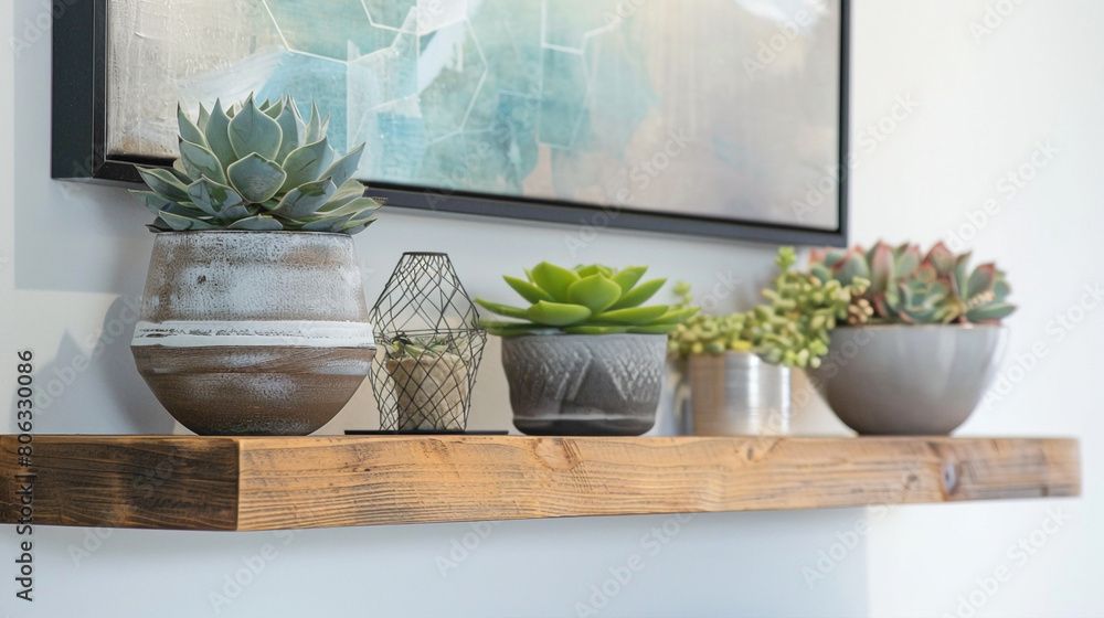 A minimalist living room design with a wood floating shelf highlighting a collection of succulents and geometric art