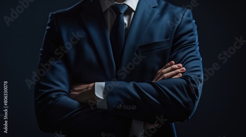 Confident professional man in a suit with arms crossed and a blurred face