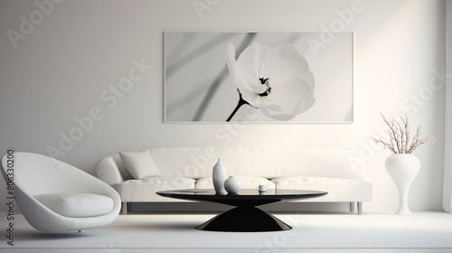 A minimalist living space adorned with a sleek white chr and table  creating an atmosphere of modern elegance