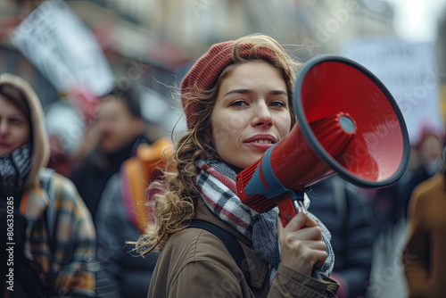 Female activist protesting with megaphone during a strike with group of demonstrator in background. Woman protesting in the city © Fabio
