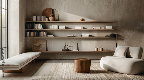 A minimalist living space featuring a sophisticated wood floating shelf, neatly arranged with books and decorative items, complemented by plush seating and soft area rugs