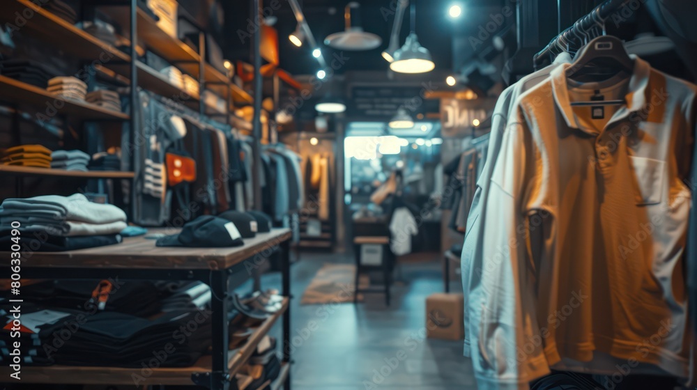 A softly focused image of an inviting casualwear store with various garments and an industrial chic ambiance highlighted by mood lighting