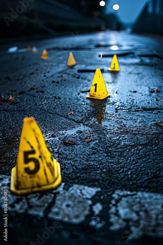 High contrast image of a crime scene with evidence markers
 photo