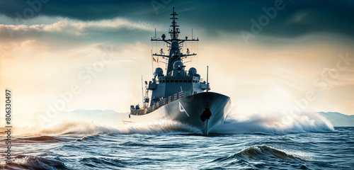 Modern Navy Destroyer on Patrol. Military Defense and Security Concept. Naval Vessel Navigating Rough Seas	
 photo