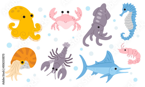 Vector illustration set of cute doodle underwater animal for digital stamp greeting card sticker icon summer design