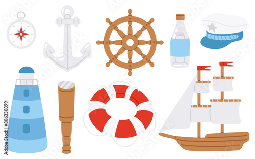 Vector illustration set of cute doodle captain tools for digital stamp,greeting card,sticker,icon,summer design