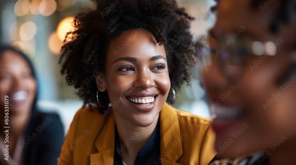 Closeup of a young African American woman with a delighted smile, colleagues in soft focus Closeup of a young African American woman with a delighted smile, colleagues in soft focus