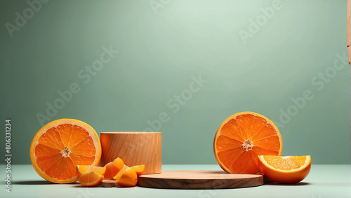 Empty wooden round podium with a background of orange slices 