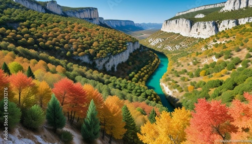 Autumn Colours including Colorful Maple Trees or Leaves & Pine Trees in the Fall in the Verdon Gorge Regional Park or Nature Reserve Provence France