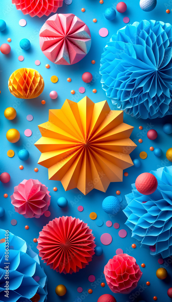 Festive Paper Decorations set. DIY art installation on blue background, top view Festive Paper Decorations set. DIY art installation on blue background, top view