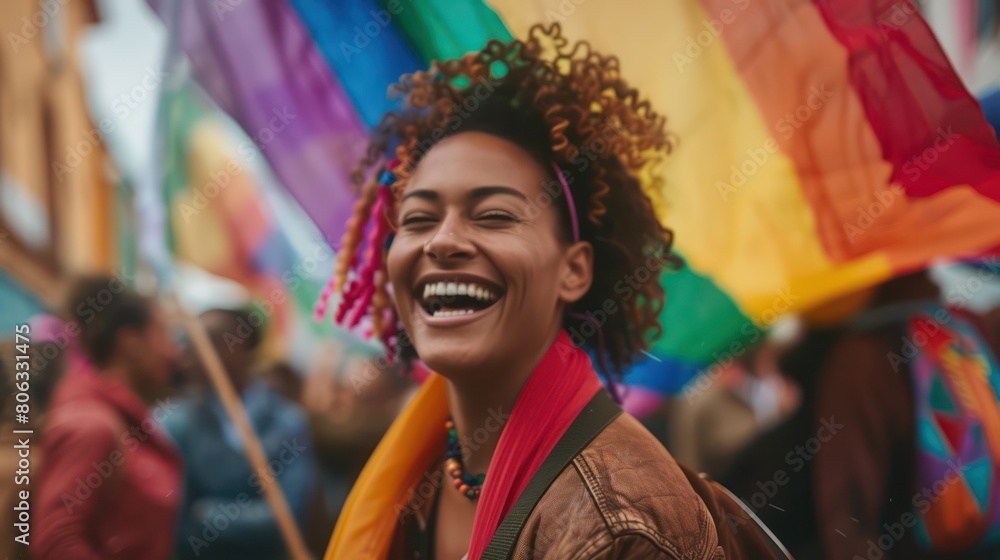 Happy woman smiling broadly at a pride parade, LGBT flag in the background