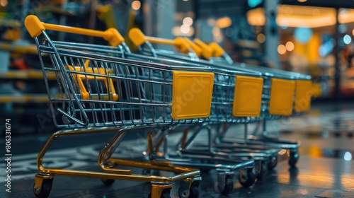 A well-composed image capturing a row of empty shopping carts with vibrant yellow handles against a blurred store backdrop photo