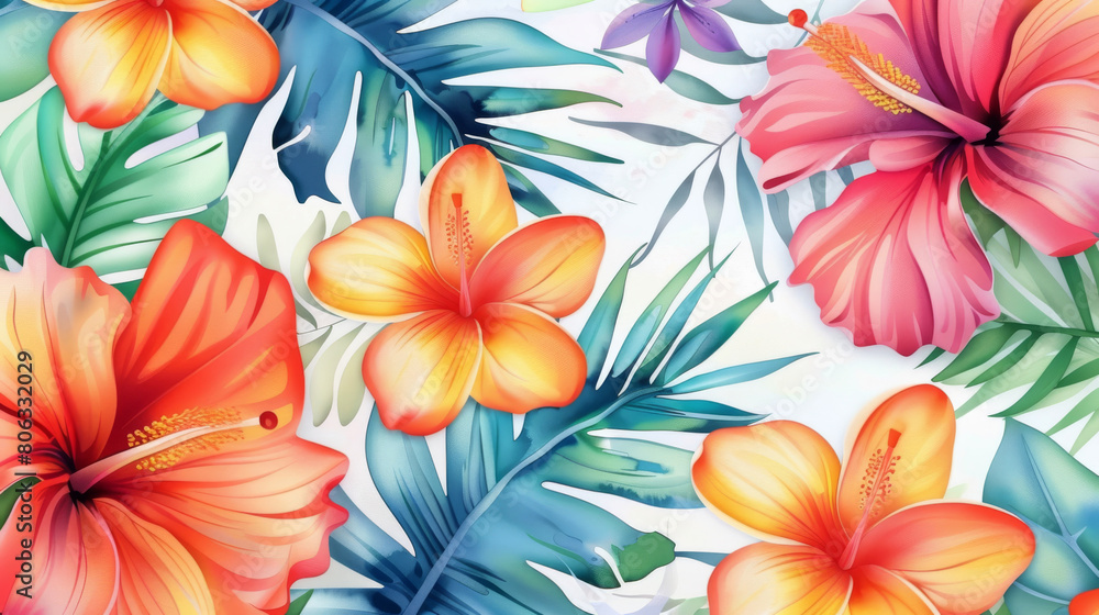 Vibrant Hibiscus and Frangipani Amidst Lush Green Leaves Vibrant Hibiscus and Frangipani Amidst Lush Green Leaves
