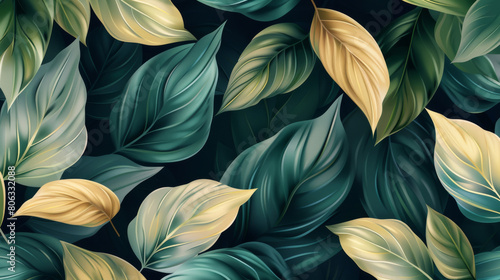 Wallpaper Mural Lush Green Leaves with Gold Veins Against a Dark Background for Sophisticated Designs Torontodigital.ca