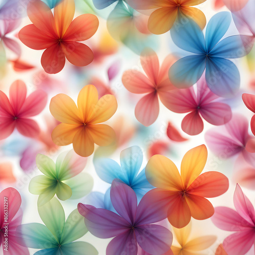 Square close-up image of multicolored flower petals floating