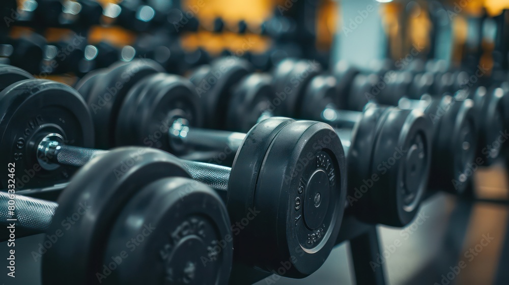 Neatly organized dumbbells on a stand in a gym setting reflecting strength training and muscular development Neatly organized dumbbells on a stand in a gym setting reflecting strength training and muscular development