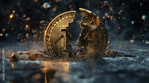 Bitcoin split into two parts on a dark rustic background,  photo