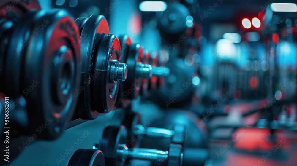 Heavy barbells lined up, showcasing potential for strength training and muscle building in a gym Heavy barbells lined up, showcasing potential for strength training and muscle building in a gym