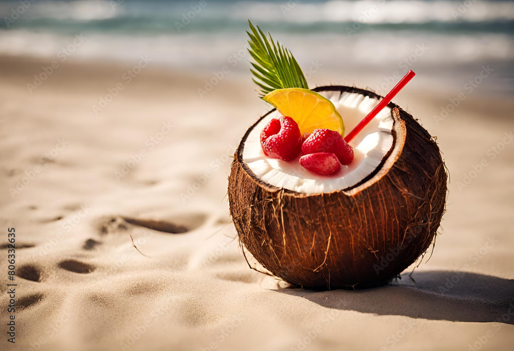 Erfrischender Drink in Kokosnuss am Strand mit Blick auf das Meer Stock ...