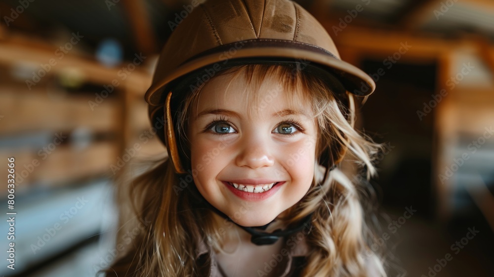Cheerful child rider in horseback riding class, gazing at camera with riding helmet Cheerful child rider in horseback riding class, gazing at camera with riding helmet