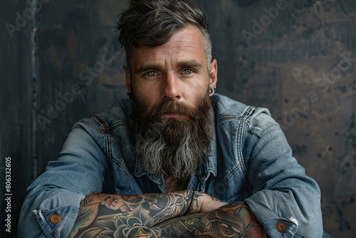 Portrait of bearded hipster with tattooe on his arms 