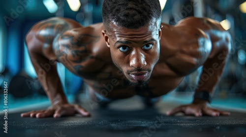 Intense image of a muscular man executing push-ups, displaying strength and dedication in a gym