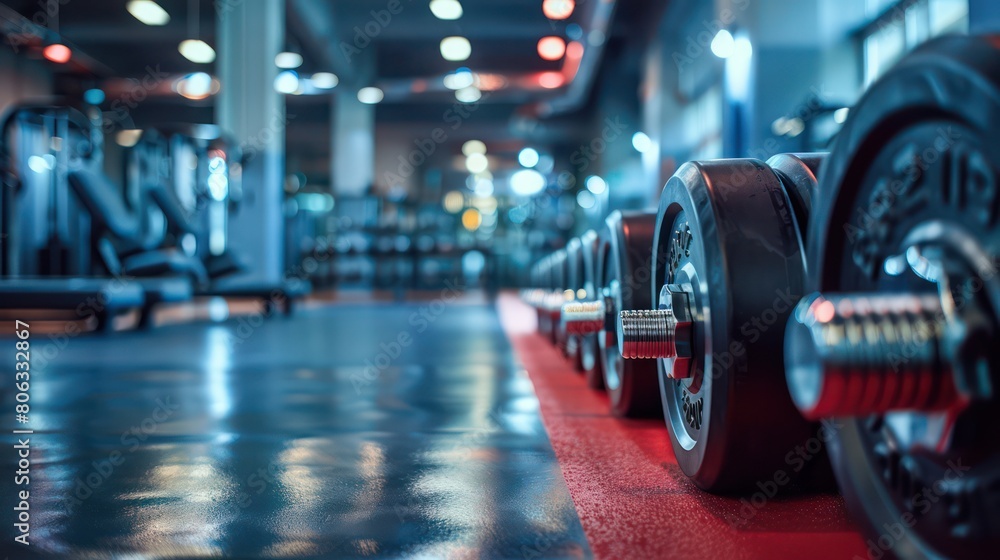 The focus is on the well-organized rows of dumbbells in a clean and modern gym, highlighting the variety of equipment available The focus is on the well-organized rows of dumbbells in a clean and modern gym, highlighting the variety of equipment available