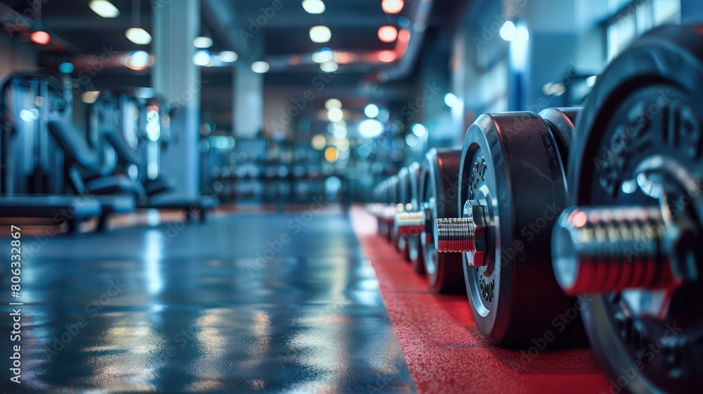 The focus is on the well-organized rows of dumbbells in a clean and modern gym, highlighting the variety of equipment available