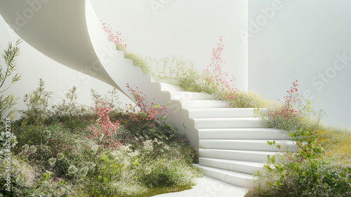 Surreal desert landscape with white spiral staircase on surrounded by various of  foliage, flowers and moss field. Abstract modern minimal fashion background. 3d rendering. Impossible concept