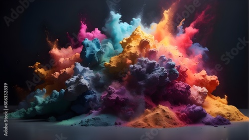 a brilliant eruption of multicolored powder set against a shadowy background. AI generation