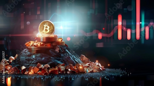 Bitcoin coin on a pile of gold nuggets, highlighted under a soft spotlight to emphasize luxury