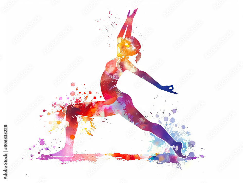 A woman in yoga pose with watercolor splashes.