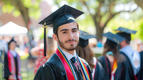 A composed young man in graduation attire stands outdoors during a commencement ceremony