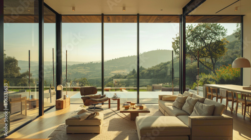 A modernist villa with floor-to-ceiling windows, set agnst a backdrop of rolling hills photo