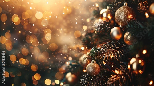 Closeup of a Christmas tree decorated with golden ball. Generate AI image