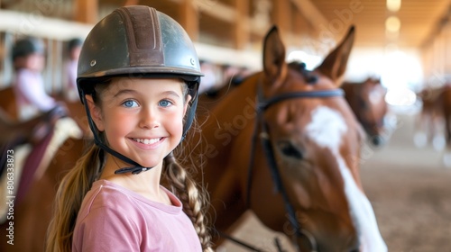 Cheerful child rider in horseback riding lesson, wearing helmet, smiling at camera © sorin