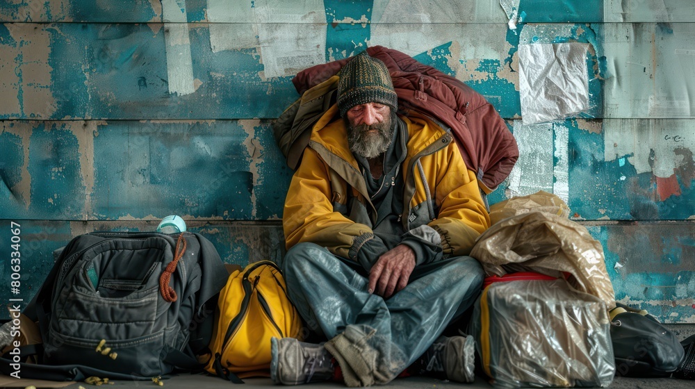 An elderly homeless man sits huddled against a grunge wall with his possessions An elderly homeless man sits huddled against a grunge wall with his possessions