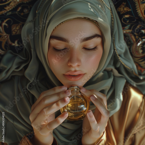 Young Woman in a Silver Hijab Embracing a Precious Perfume Bottle with Closed Eyes