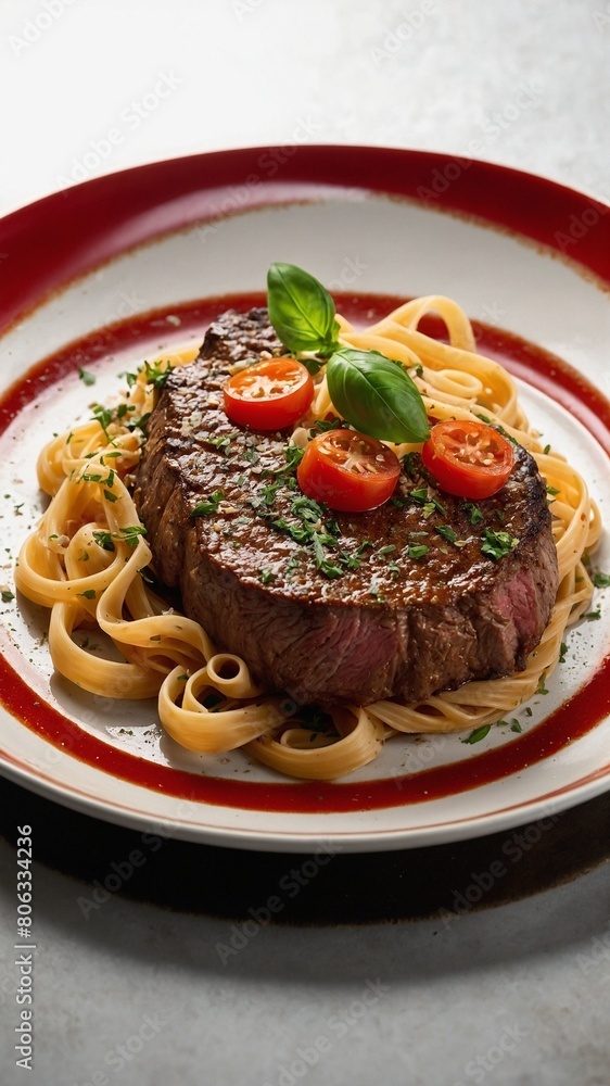 Thick, juicy steak rests atop bed of golden fettuccine noodles. Steak cooked to perfect medium-rare, with slightly pink center, flavorful brown crust. It garnished with fresh basil leaves.