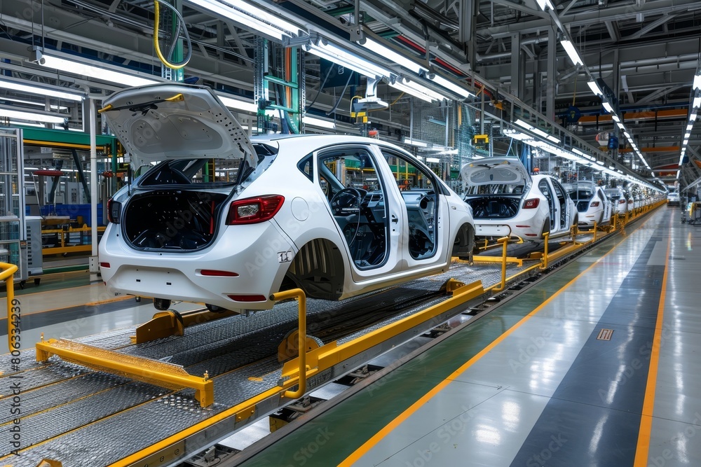 Efficient modern car assembly line in a bustling factory for optimized mass production
