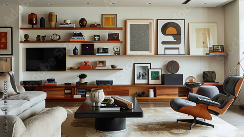 A refined modern living room featuring a sleek wood floating shelf, beautifully showcasing collectibles and framed artworks photo