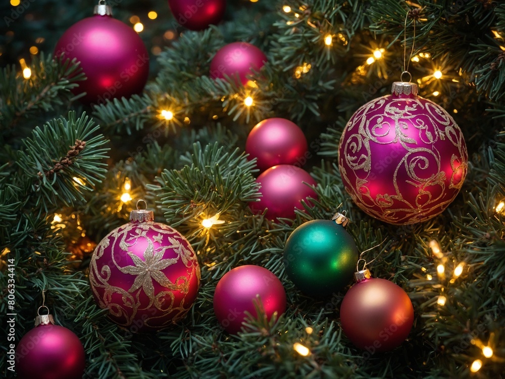 Several shiny pink, green ornaments with gold designs hang on green christmas tree strung with sparkling white lights. One large pink ornament hangs in center of image. Several shiny pink, green ornaments with gold designs hang on green christmas tree strung with sparkling white lights. One large pink ornament hangs in center of image.