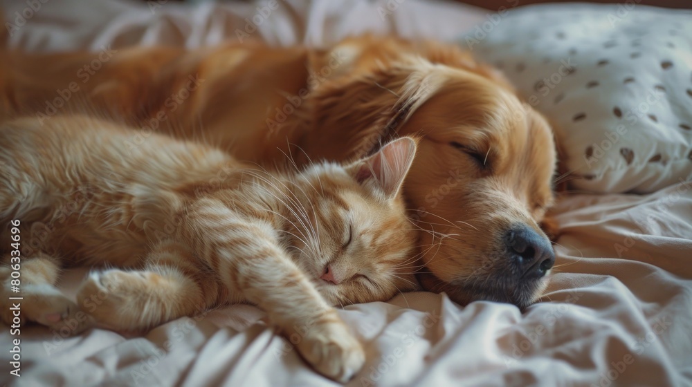 Obraz premium Cute cat and golden retriever dog sleeping together. Generate AI image