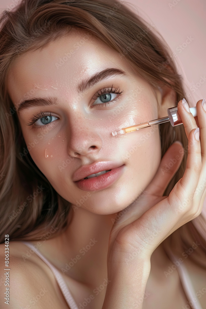 Skin care and rejuvenation. Beautiful Model With Radiant And Glowing Facial Skin Looking At Camera. Moisturizing With Serum Collagen And Hyaluronic Acid. Hands with serum dropper near girl face
Skin care and rejuvenation. Beautiful Model With Radiant And Glowing Facial Skin Looking At Camera. Moisturizing With Serum Collagen And Hyaluronic Acid. Hands with serum dropper near girl face