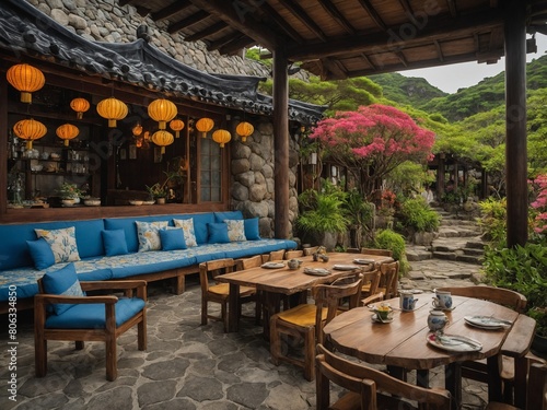 Long wooden dining table set for meal on stone patio beneath wooden roof. Table flanked by wooden chairs with yellow cushions  long blue cushioned bench sits nearby.