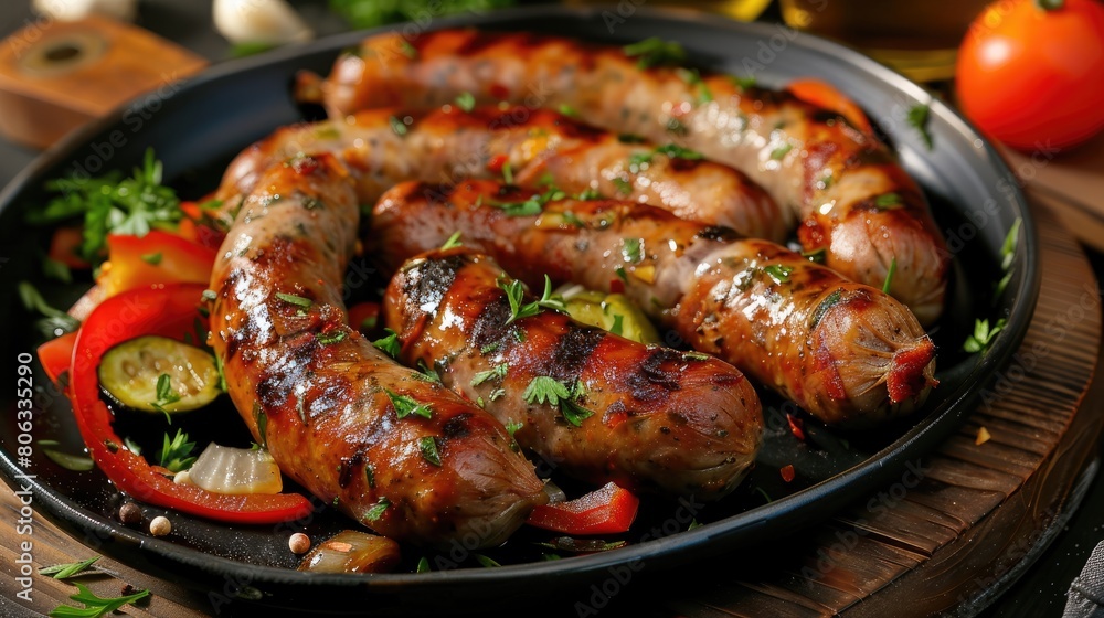 Sausages fried on fire in a plate with vegetables. Food for a picnic, a quick snack. Sausages fried on fire in a plate with vegetables. Food for a picnic, a quick snack.