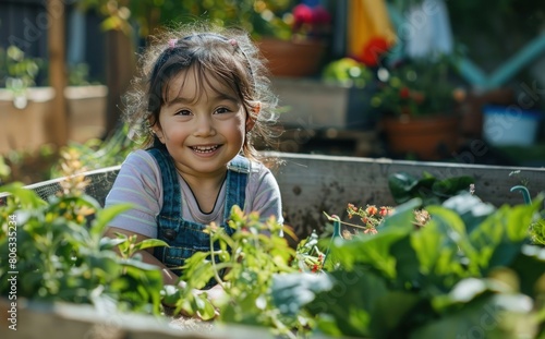 Cute little girl with family gardening in flower community. Generate AI image