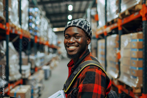 Smiling warehouse worker holding checklist for logistics and distribution